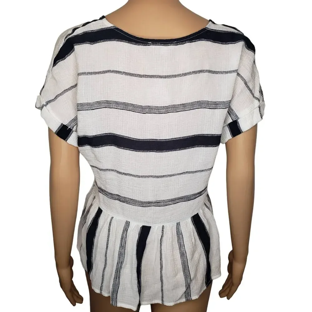 Blu Pepper Striped Peplum Blouse‎ Navy White Button Up Baby Doll Small - Picture 6 of 13